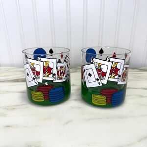 Vintage 90s Lolita Hand Painted Poker Gin Whiskey Glasses Pair